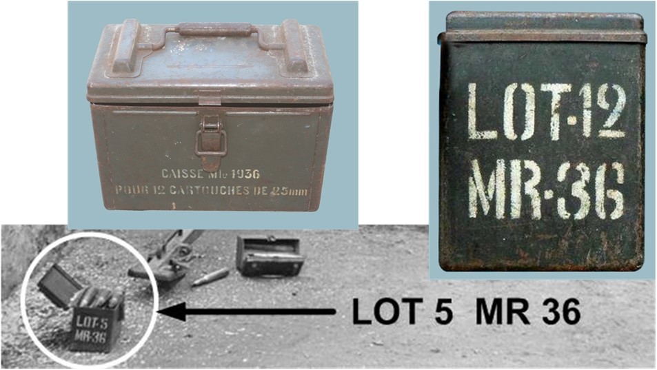 Traçabilité du fabricant, de l’année et du lotissement de la munition peut être assurée par peinture sur la caisse Mle 1936